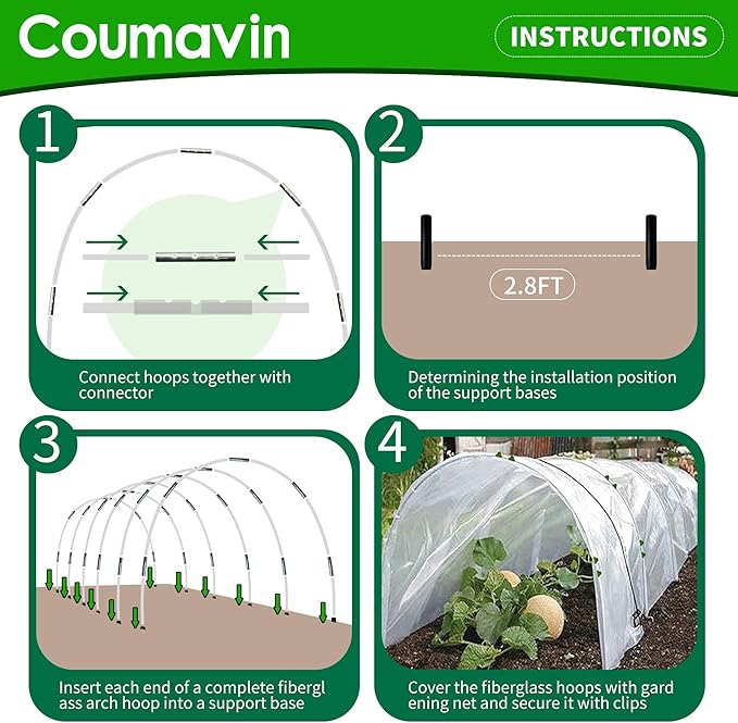 8FT Rust-Free Fiberglass Garden Hoops -36 PCS DIY Grow Tunnel Kit for Raised Beds, Row Cover Support with Connectors/Clips, Year-Round Plant Protection from Frost, White