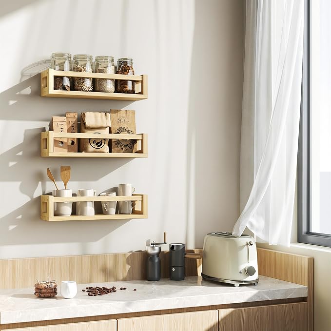 3Pack Solid Wood Floating Shelves for Wall, Nursery Bookshelf, Natural Wood | Durable Solid Wood Construction, Deep Shelf Space for Books, Toys, Plants, Photos and Kitchen Storage
