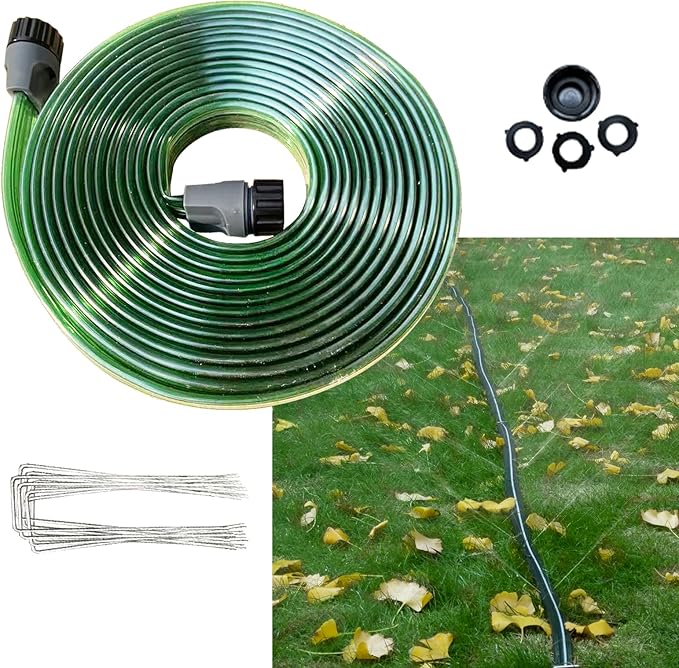 SECBULK 25FT Flat Sprinkler Hose for Lawn Watering Garden Soaker Hose with Holes, Heavy Duty Lightweight No-Kink Water Hose with Stakes, Irrigation Hose, Great Fun for Kids and Dog