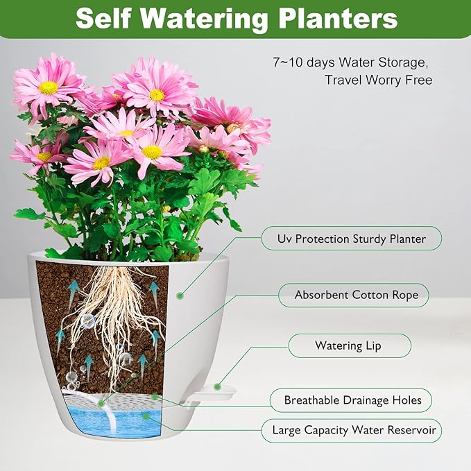 Vanslogreen Planters for Indoor Plants, 8/7/6.5/6/5.5/5 Inch Self Watering Planters with Drainage Hole, Plastic Planters Flower Pots for Indoor Outdoor Plants (Matte White)