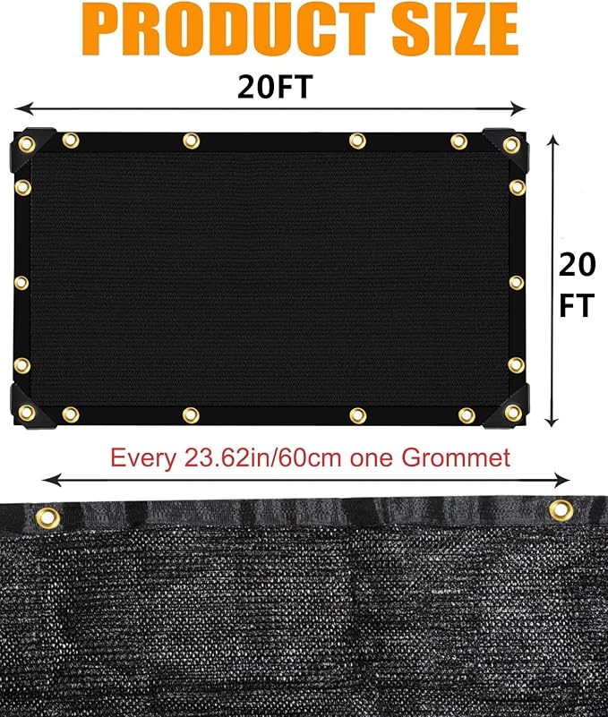 E.share 70% Black Sun Shade Cloth 20FT x 20FT, Outdoor Shade Netting with Grommets, UV Sunblock Fabric for Garden, Greenhouse, Pergola, Patio, Porch & Chicken Coop