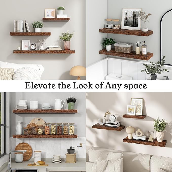 30" Brown Floating Shelves Wood Wall Shelf, Rustic Brown, Set of 2 | Wall Mounted Wood Shelves, For Bathroom, Bedroom, Living Room, Kitchen, Hanging Shelf for Books/Storage/Room Décor