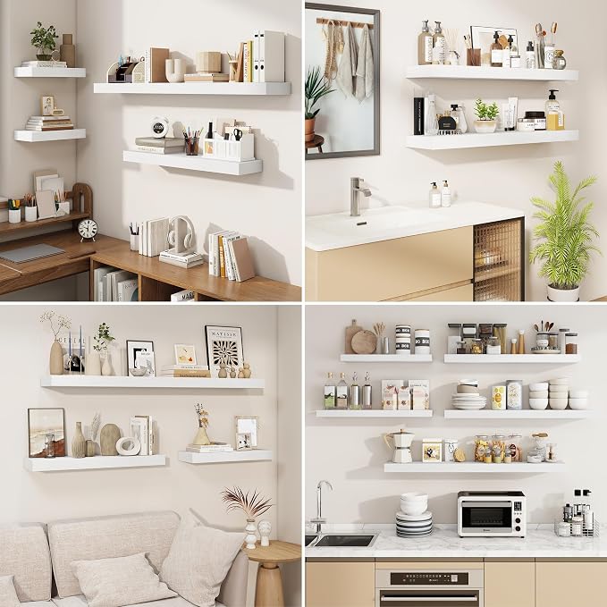 Floating Shelves for Wall, Wall Mounted Wood Shelves, White, Set of 2, 36in | Wood Floating Shelf with Invisible Brackets for Living Room, Bathroom, Bedroom, Kitchen, Hanging Shelf for Storage and Decor