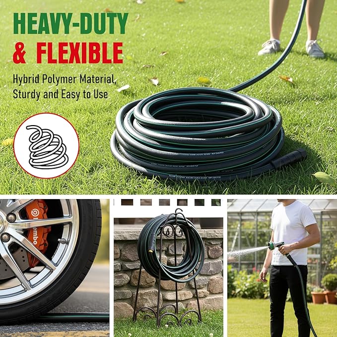 Heavy Duty Garden Hose 100 ft, NON-EXPANDABLE Water Hose with 10 Function Spray Nozzle, Lightweight Kink-less Hybrid Hose with Swivel Handle, Male to Female Fittings