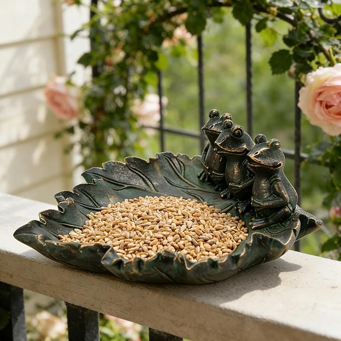 Bronze Leaf Bird Bath with Frog Figurines Resin Birdbath Bowl Small Water Dish Birdfeeder Tray Bird Water Feeder for Lovers Gardeners Yard Decorations Outdoor Garden Decor Patio