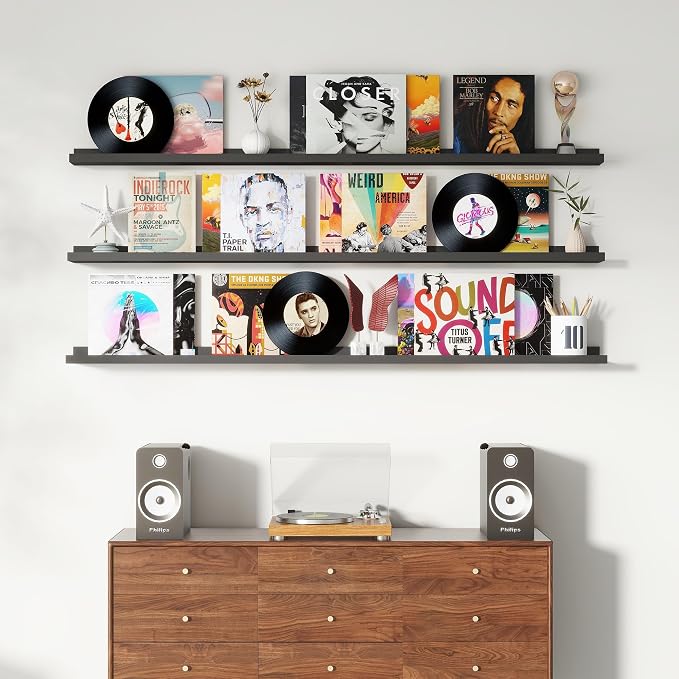 Axeman Picture Ledge Shelf, 72 Inch Black Floating Shelves Set of 3