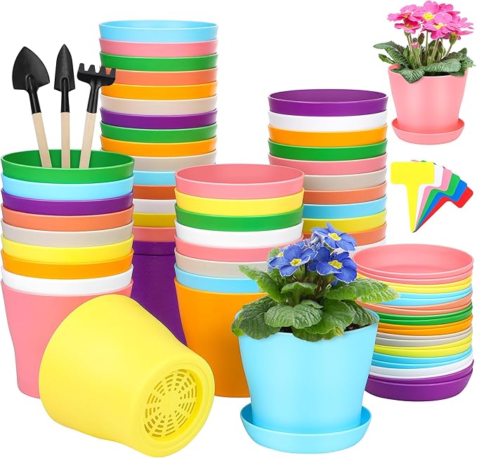 Hahood 48 Pack Plastic Planters 4 Inch Flower Plant Pots Indoor Set Thickened Seedling Nursery Pots Seed Starting Pots with Drainage Holes Saucers, Mini Garden Tools for Home Office Garden, Multicolor