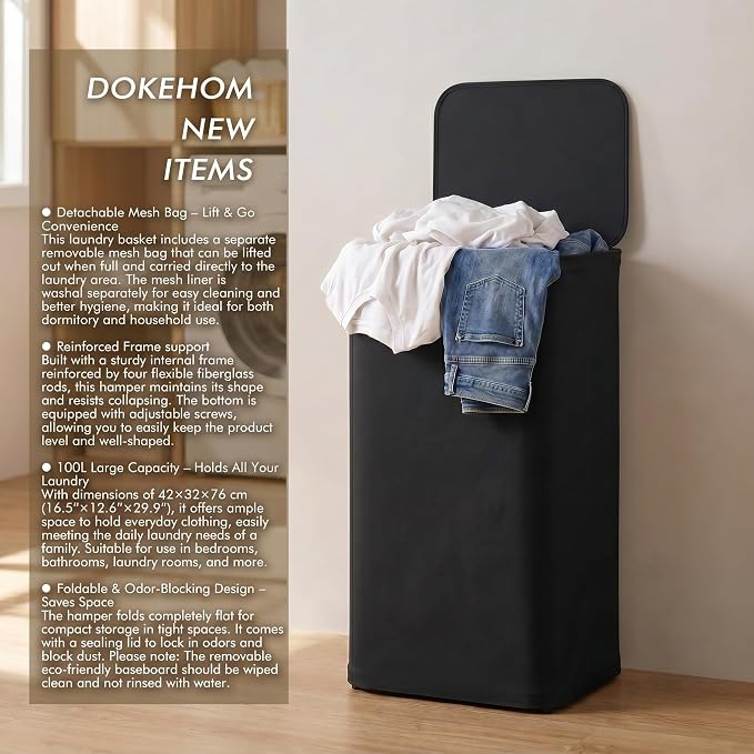 DOKEHOM 100L Laundry basket Hamper with Lid & Removable Mesh Bag, Black | Collapsible large clothes hamper, foldable laundry sorter bin with mesh inserts. Adjustment screws to keep fabric taut