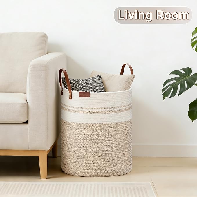 VIPOSCO 58L Tall Woven Rope Laundry Hamper, Leather Handles, Brown & White | Large Wicker Laundry Basket for Dirty Clothes, Blanket, Toy, Towel, Yoga Mat, Storage Bin in Bedroom, Bathroom, Living Room