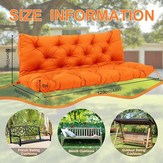 Extra Thick 5" Waterproof Porch Swing Cushions Outdoor 48 inch Swing Cushions 2-3 Seater Replacement with Backrest and Ties for Outdoor Furniture Patio Bench Garden (Orange)
