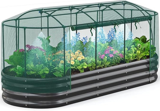 Quictent Galvanized Raised Garden Bed Kit with Self Watering System and Mesh Cover, Large Oval Metal Outdoor Planter Garden Boxes for Vegetables Herbs Flowers, 8x3x1Ft