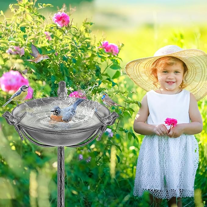 58In Freestanding Birdbaths Bowl Outdoor, Free Standing Garden Bird Bath Feeder Bowl with 3 Bird Statues, Birdbath & Birdfeeder with Metal Stake Garden Yard Lawn Decor (Retro Silver)