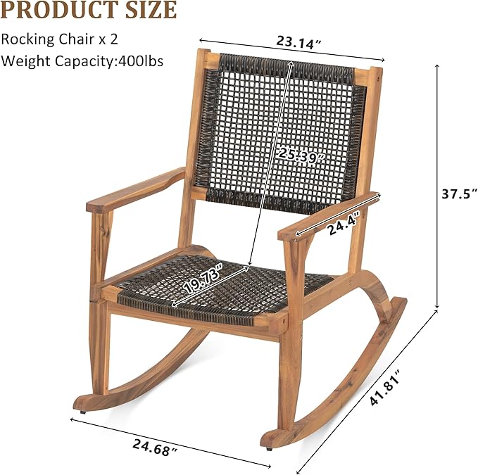 Merax 2-Piece Patio Rocking Chair Set, Acacia Wood Outdoor Rockers with PE Wicker Rattan Seat & Backrest, Comfortable Garden Porch Chairs for Backyard, Balcony, Poolside