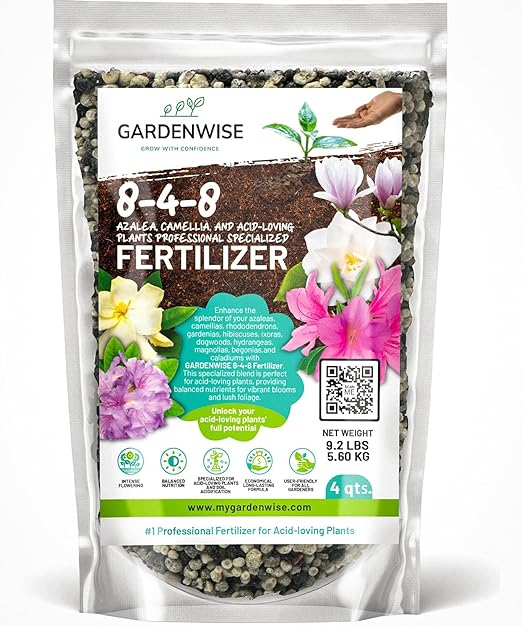 GARDENWISE 8-4-8 Acidic Fertilizer for Azaleas, Camellias (Camelia), Hydrangeas, Blueberries, Gardenias, Magnolia Trees, Evergreens, and Rhododendrons - Ideal Iron-Rich Plant Food (4 QUARTS)