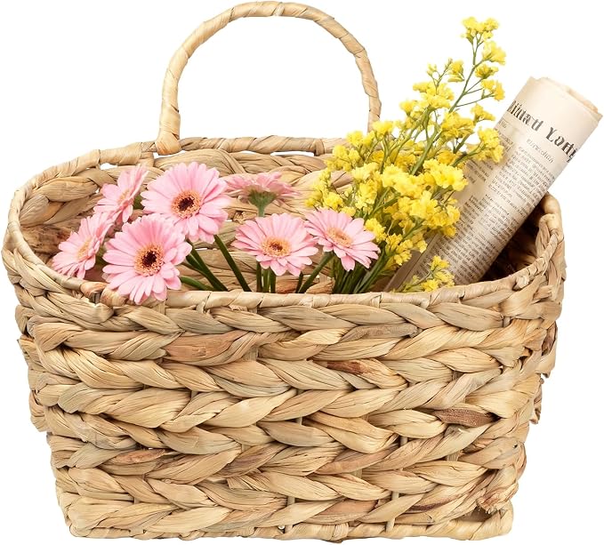 Hanging Wall Basket Handwoven Wicker Basket, Natural Water Hyacinth