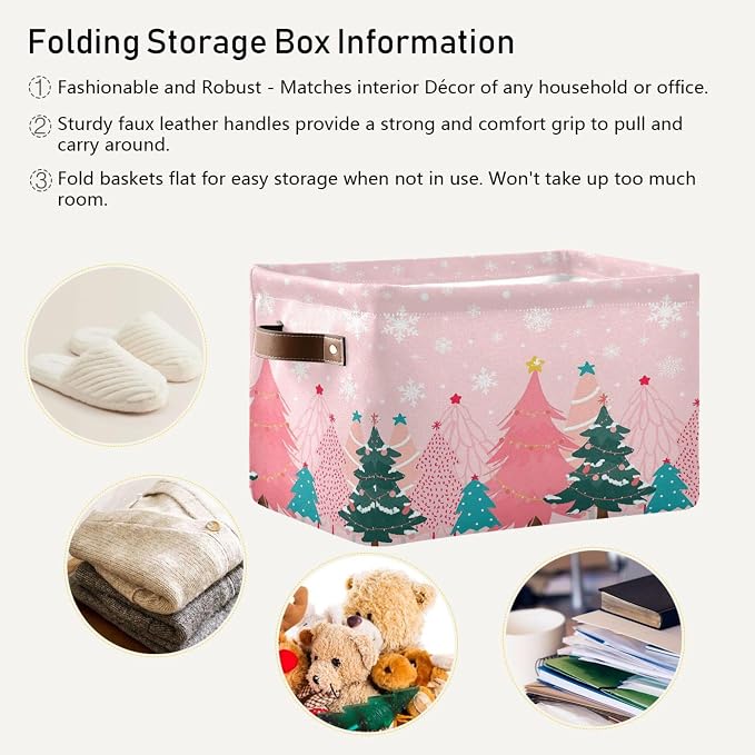 Christmas Tree Pink Storage Basket with Waterproof Liner and PU Handles Winter Snowflakes Xmas Bells Storage Bins Boxes 14.2" Collapsible Decorative Organizer Baskets for Bedroom Closet Office 2 Pack