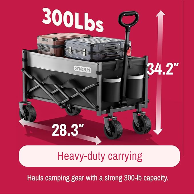 SYNCFUN Collapsible Wagon Cart Foldable 300lbs, Portable Rolling Shopping Carts with Wheels, All Terrain Folding Sport Beach Wagons, Heavy Duty Garden Utility Cart for Groceries Fishing, Black