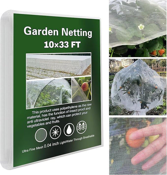 Garden Netting 10x33Ft, Ultra Fine Plant Cover, Insect Netting Barrier Mesh for Plants Vegetables Fruits Flower, Row Covers Raised Bed Protection Net, Birds Animals Screen