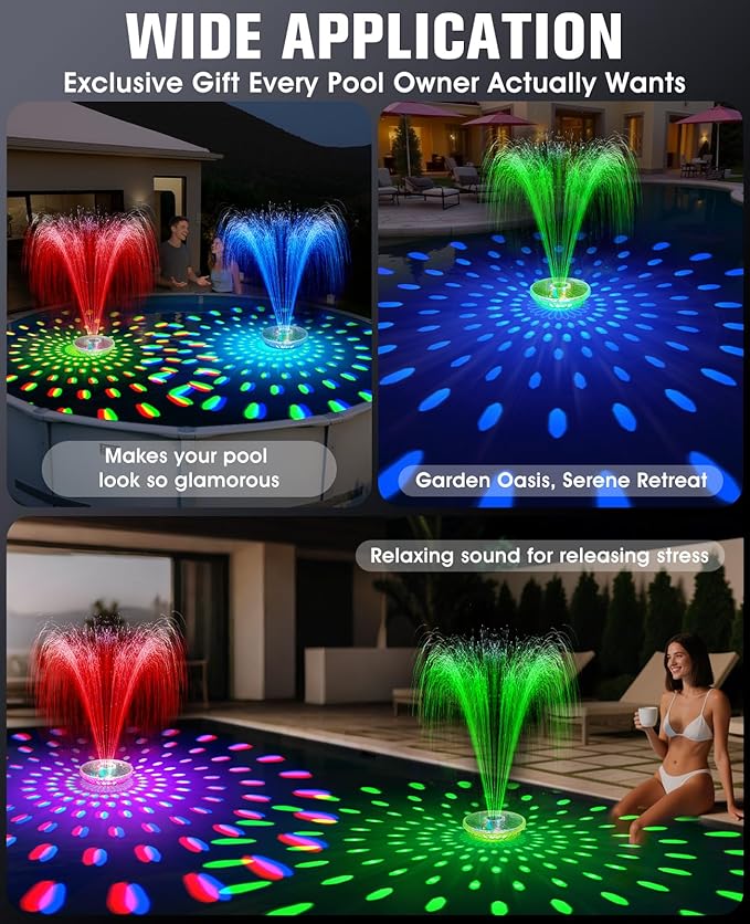 Solar Pool Fountain with Light Show, 2026 Upgraded Large Solar Pool Water Fountain, Floating Pool Fountain for Above Ground Pool,Solar Floating Fountain Pump for Nighttime Use Blue-1PK
