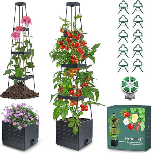 MYMULIKE Raised Garden Bed Tomato Planter with Trellis, 58" Tomato Cage for Climbing Vegetables Plant, Self Watering Pots for Indoor Plants Garden Pots Patio Greenhouse Indoor Outdoor