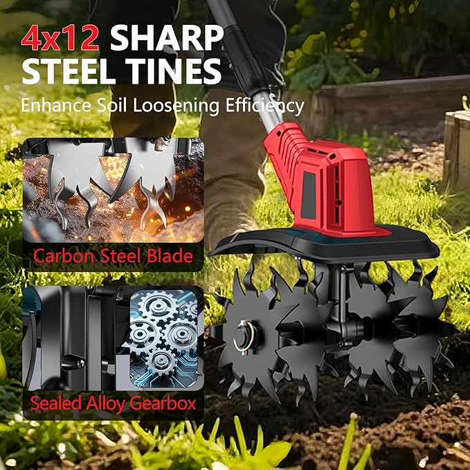 21V Cordless Tiller Cultivator, 300RPM Electric Garden Tiller, 2×4.0AH Batteries & Fast Charger Lightweight Rototiller 12" Width, 8" Depth for Lawn/Soil/Plowing/Weeding/Farm