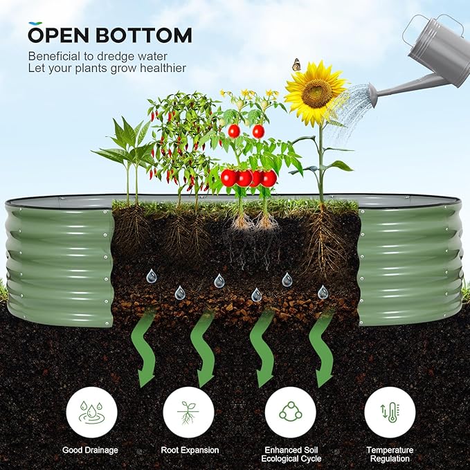 Galvanized Raised Garden Beds Outdoor, 6x3x1.4ft Oval Metal Raised Beds for Gardening, Rust-Resistant Garden Planter Box for Planting Vegetables, Flowers, Fruits in Lawn(Olive Green, 2 Packs)