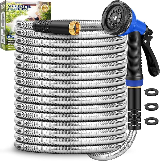 Garden Hose 100 ft, Stainless Steel Metal Hose, Flexible Water Hose with 10 Function Nozzle, Kink Free, Leak-Proof, Heavy Duty Hose for Yard, Outdoor, Lawn, RV, Car Wash and Camper Use