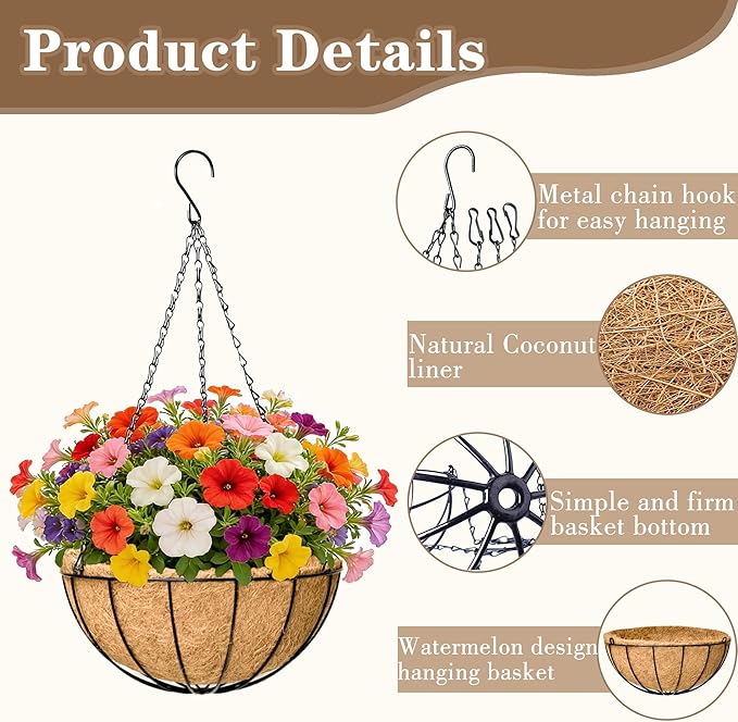 EIMQUVW 2 Pack Black Metal Round Hanging Basket 12 Inch Decorative Outdoor Coconut Fiber Planter with Chain Classic Hanging Flower Pots are Ideal for Gardens Patios Porches and Vertical Planting