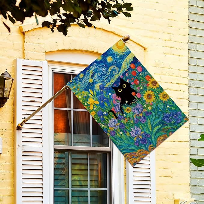 Baccessor Spring Summer Black Cat House Flag Double Sided 28x40 Inch Burlap,Starry Night Sunflowers Welcome Large Garden Flag Porch Patio Yard Seasonal Farmhouse Outside Outdoor Decor