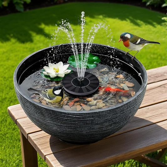 Solar Fountain Bird Bath Set, 15.7in Resin Lotus Bowl with 5.11in Solar Fountain Panel & 3 Fake Lotus Flowers, Durable Outdoor Garden Decor, Water Fountain for Birds, Patio & Yard