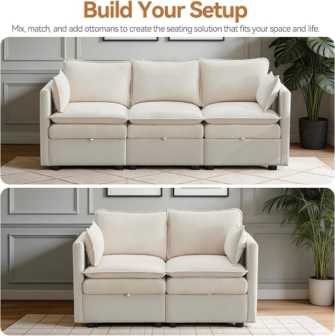 80" Storage Modular Sectional Couch, Cloud Deep Seat 3-Seater Sofa with Chenille Upholstery, Comfy Modern Cloud Couches with Hidden Storage for Living Room, Apartment, Spacious Beige
