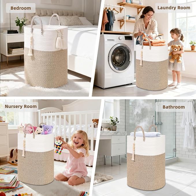 Woven Laundry Basket for Clothes, 50L Large Rectangle Laundry Hampers with Beads Tassel, Nursery Storage Basket for Toys, Tall Dirty Clothes Hamper for Bedroom Aesthetic, Laundry Room Organization