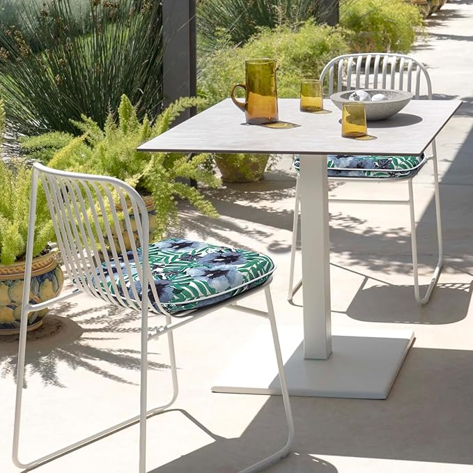 DYTXIII Set of 2 Outdoor Chair Cushions with Ties,Water Repellent Patio Chair Pads 17"x 16" for Outdoor Furniture,Round Corner Seat Cushions for Garden Yard Kitchen Blue Salmone Tropical
