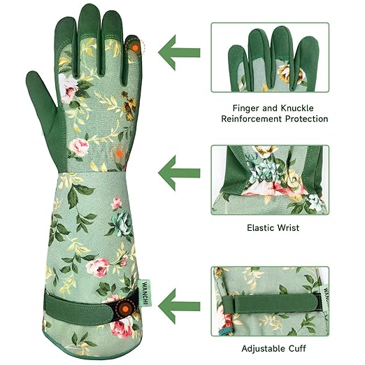WANCHI Gardening Gloves, Durable and Comfortable Women's Long Garden Gloves for Gardening Work and Yard Work, Leather Gardening Gloves for Women, Green Print (Medium)