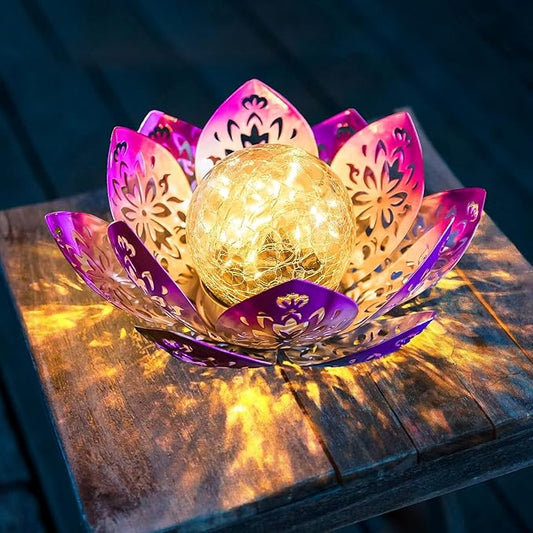Huaxu Solar Lights Outdoor Decorative-Bright Purple Lotus Flower Table Lamp,Glass Globe 30 LED Waterproof Metal Decorations Gifts for Mom Women Garden Patio Pathway Yard Balcony Outside Decor