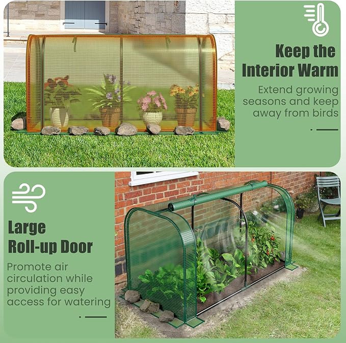 Giantex Raised Garden Bed with Cover, Wood Elevated Planter Box with Legs & Mini Greenhouse, Waterproof Sun-Protective PE Green House Cover, Outdoor Use for Fruit Vegetable Flower Herb (Green+Natural)