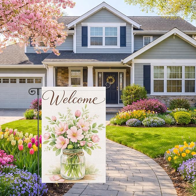 Heyfibro Spring Garden Flag 12x18 Inch Double Sided Welcome Florals Blossom Jar Garden Flag Small Yard Flags for Outside House Farmhouse Seasonal Spring Outdoor Decorations