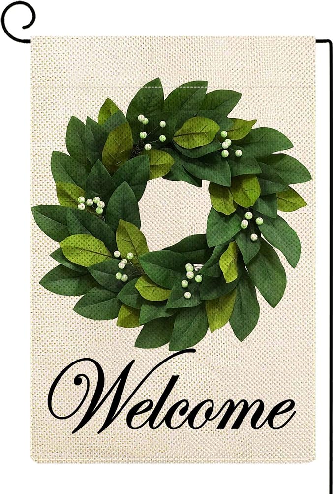 Baccessor Wreath Spring Garden Flag Magnolia Leaves Welcome Small Yard Flag 12.5 X 18 Inch Double Sided Burlap Summer Flag for Outside Decor