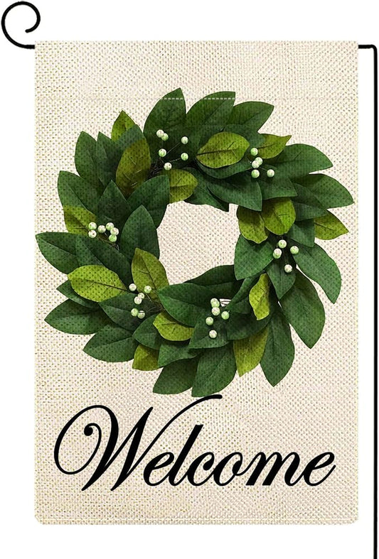 Baccessor Wreath Spring Garden Flag Magnolia Leaves Welcome Small Yard Flag 12.5 X 18 Inch Double Sided Burlap Summer Flag for Outside Decor