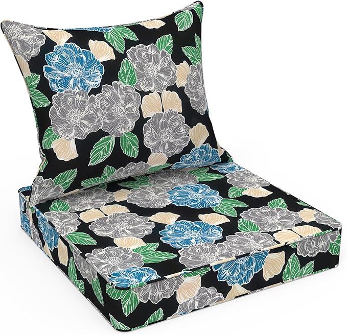 LVTXIII Outdoor Deep Seat Cushion Patio Seat and Back Cushion Set Seasonal Chair Cushion with Removable Cover and Adjustable Buckle for Home and Garden, 24"x24"x4", Peony Garden
