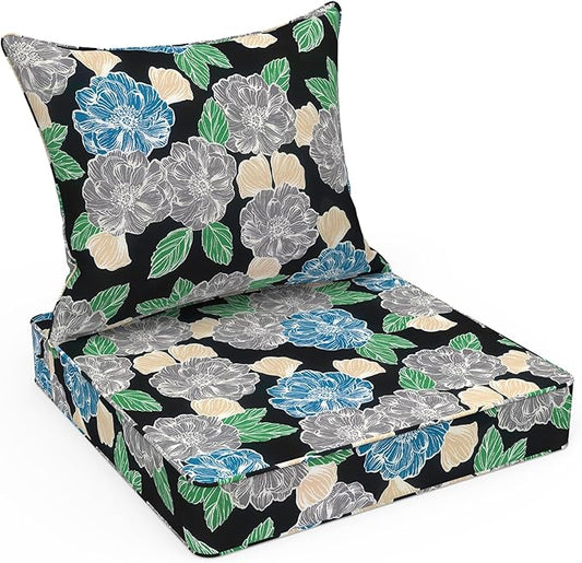LVTXIII Outdoor Deep Seat Cushion Patio Seat and Back Cushion Set Seasonal Chair Cushion with Removable Cover and Adjustable Buckle for Home and Garden, 24"x24"x4", Peony Garden