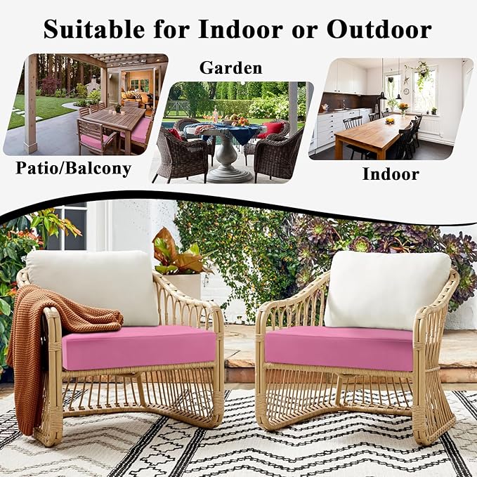 Topotdor Outdoor Chair Cushions for Patio Furniture,Waterproof Patio Chair Cushions Set of 4,Indoor/Outdoor Round Corner Chair Seat Cushion with Ties,18"x18"x3" Pink