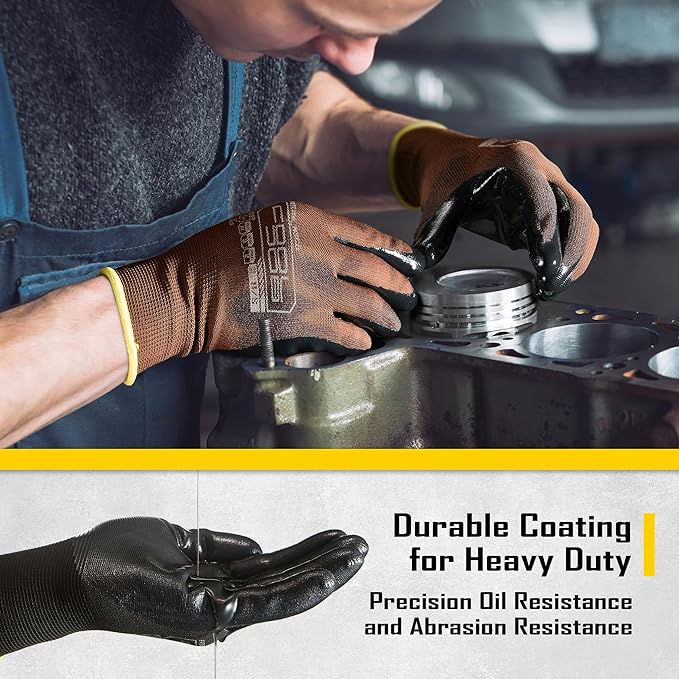COOLJOB 10 Pairs Nitrile Dipped Safety Work Gloves with Grip, Non-slip Rubber Coated Bulk Garden Gloves for Men, Heavy-duty Oil Resistant for Truck Driver, Warehouse Box Handler, Small, Black Camel