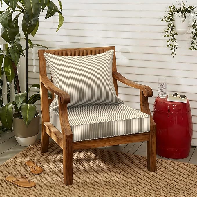 LVTXIII Outdoor Seat and Back Cushion Patio Deep Seat Cushion Set Seasonal Chair Cushion for Wicker Chairs and Garden Furniture Decoration, 22"x22"x4", Strip Beige