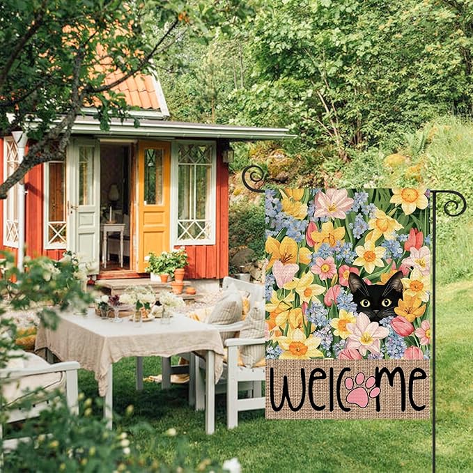 AVOIN colorlife Spring Floral Garden Flag 12x18 Inch Double Sided Outside, Black Cat Welcome Seasonal Yard Outdoor Flag
