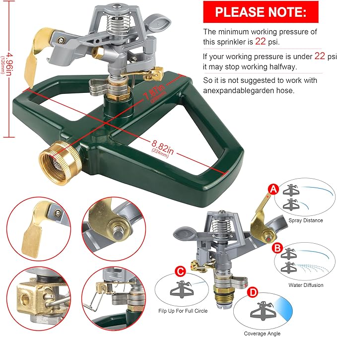 Sprinklers for Yard with Metal Base, Heavy Duty Sprinklers 360 Degree Rotating, Adjustable Zinc Alloy Sprinkler for Yard, Garden, Lawn and Large Areas