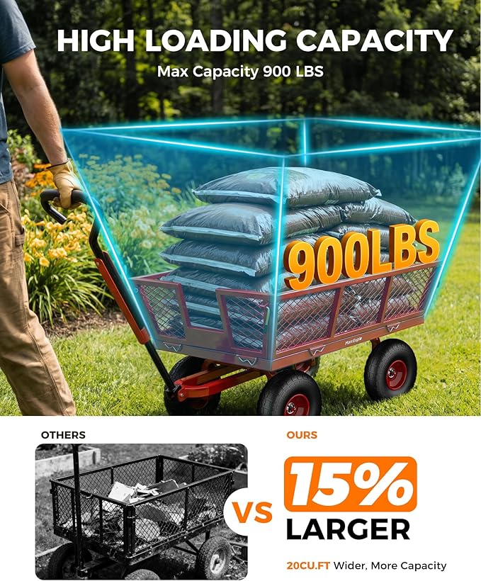 900 Lbs Heavy Duty Steel Garden Cart, Outdoor Metal Garden Wagon On Wheels, Utility Yard Cart with Mesh Removable Sides(Convert to Flatbed) and Removable Handle (to Wheel Barrow), Deep Red