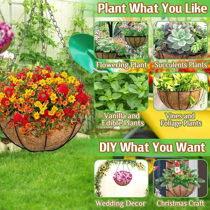 ZeeDix 2 Pack 14 Inch Hanging Baskets for Plants Outdoor, Metal Wire Round Planters with Coco Liner, Hanging Flower Baskets for Home Garden Porch Balcony Railings Decor