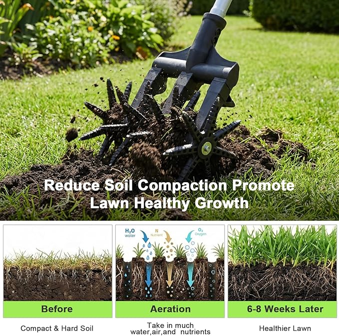 Lightweight Rotary Cultivator Garden Rotary Tiller with Stainless Steel Poles, Anti-Slip Grip, Hand Tiller for Soil Mixing or Reseeding Grass Lawn Tiller Total Length 69 Inch