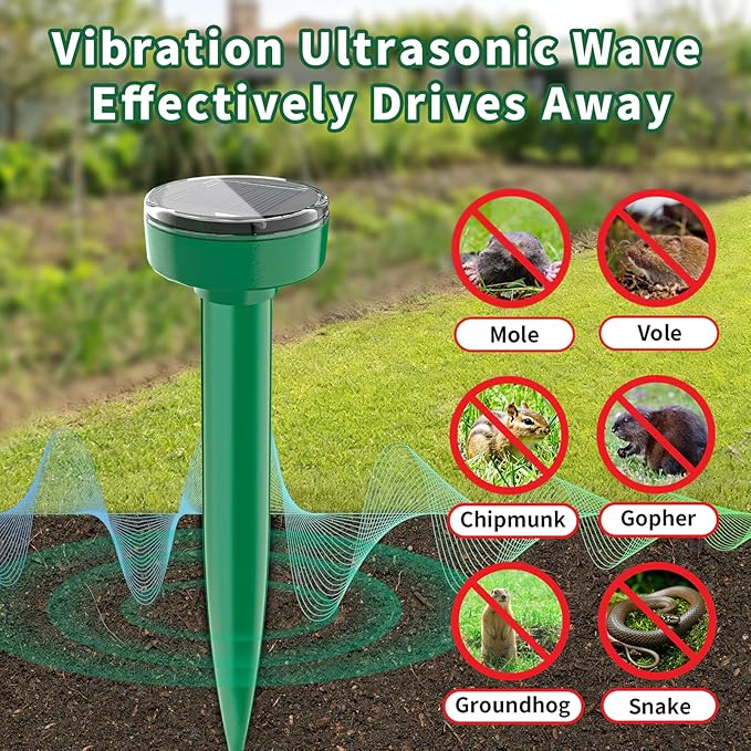 Mole Repellent Solar Powered Ultrasonic Gopher Repellent Outdoor, Sonic Mole Deterrent Spikes, Snake Repellent for Yard, Get Rid of Burrowing Rodents Chipmunks Voles Groundhogs Lawn Garden,8 Pack